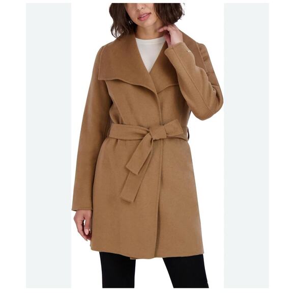 TAHARI Ella Shawl Collar Wrap Tie Waist Wool Blend Coat Sz M In Camel Preppy - Picture 1 of 13